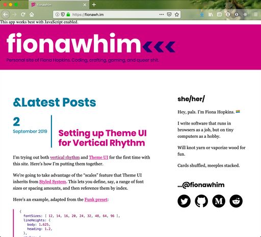 Screenshot of the fionawh.im homepage without JavaScript