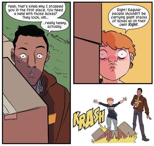 Panels of Tomas being surprised that Doreen is carrying heavy boxes
