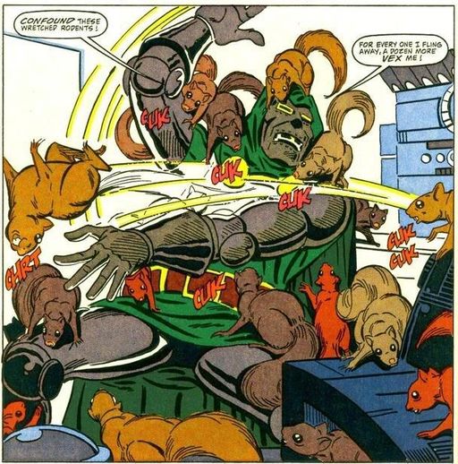 Comic panel of Doctor Doom being attacked by squirrels