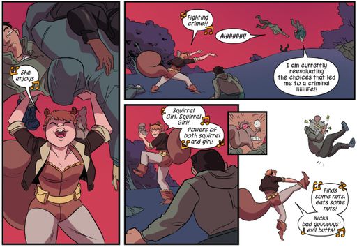 Panels of Squirrel Girl throwing park muggers (while singing her theme
song)