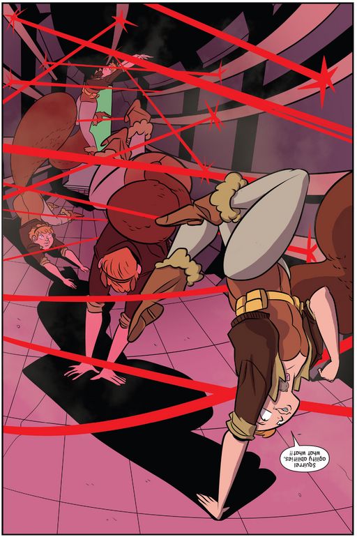 Panel of Squirrel Girl leaping through lasers