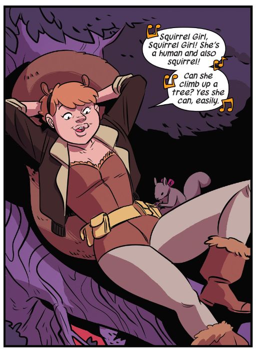 Squirrel Girl sits in a tree and sings the first part of her theme song