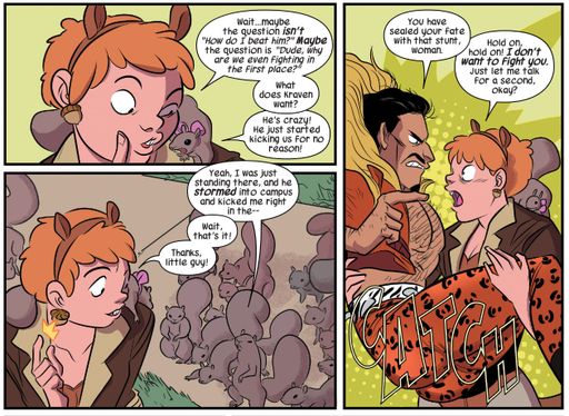 Comic panels of Squirrel Girl telling Kraven she doesn’t want to
fight