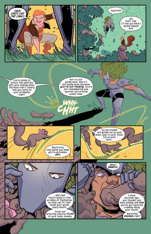 Full page of squirrels running up Whiplash’s electric whips and getting
themselves in his armor and mouth