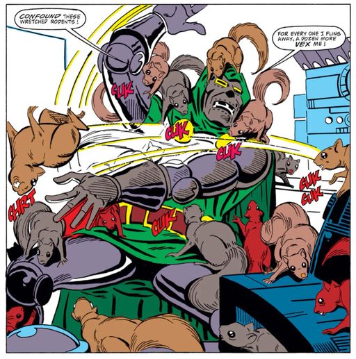 Doctor Doom swats at the squirrels that are attacking him