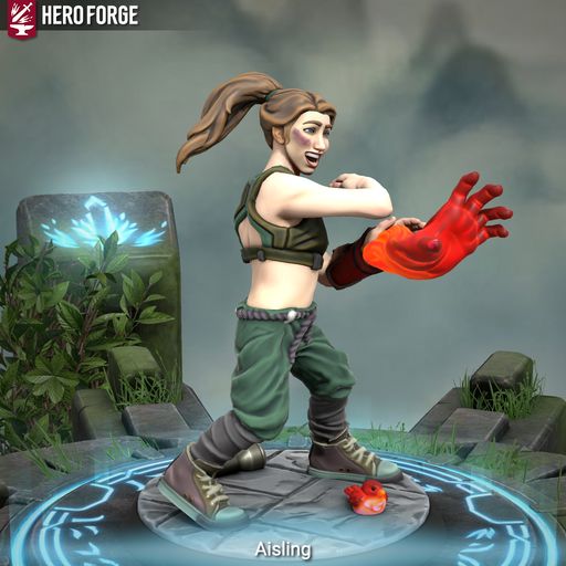 3D render of a teen girl in green athletic gear, casting a red mage hand spell