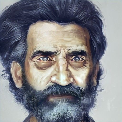 Portrait of a weathered man with bushy gray beard and hair